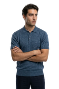 KLASIK 001 The Knitted Polo — knitted polo in indigo mélange, linen-cotton blend