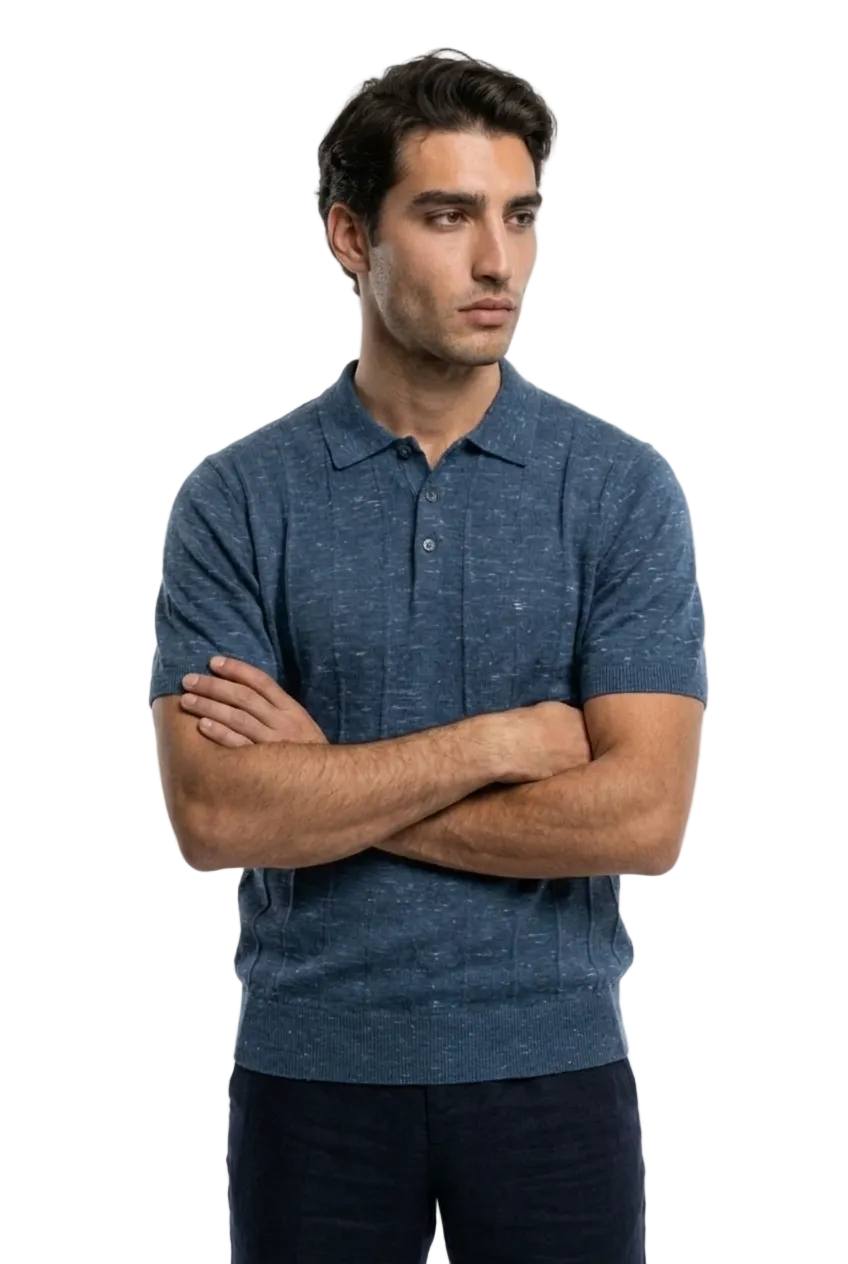 KLASIK 001 The Knitted Polo — knitted polo in indigo mélange, linen-cotton blend