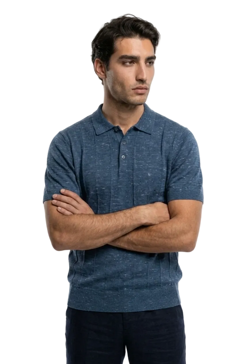KLASIK 001 The Knitted Polo — knitted polo in indigo mélange, linen-cotton blend
